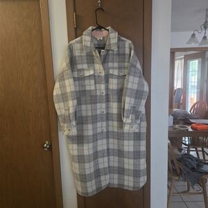 Anthropologie Plaid Pea Coat - Gray, Cream & Pink